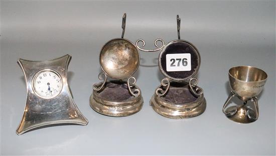 Silver double watch stand, Hulin and Heath silver egg cup and desk watch stand